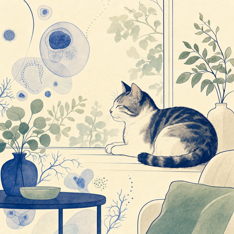 Illustration einer entspannten Wohnungskatze am Fenster